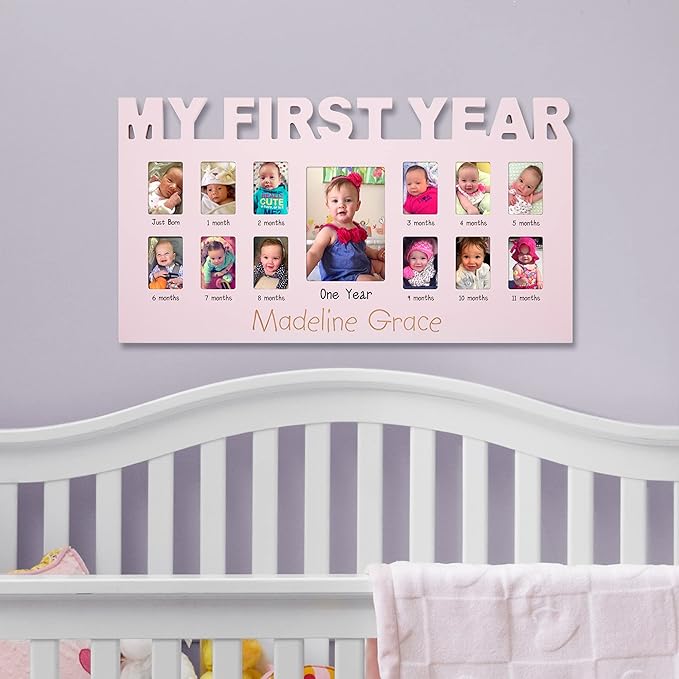 Let's Make Memories Personalized Baby's First 12 Months Photo Frame- New Parents- Newborn- Nursery - Pink