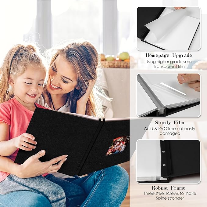 Spbapr Large Photo Album Self Adhesive 60 Pages Linen cover DIY Magnetic Scrapbook album with A Metal Pen Hold 4x6 5x7 6x8 8x10 10x12 Pictures Black