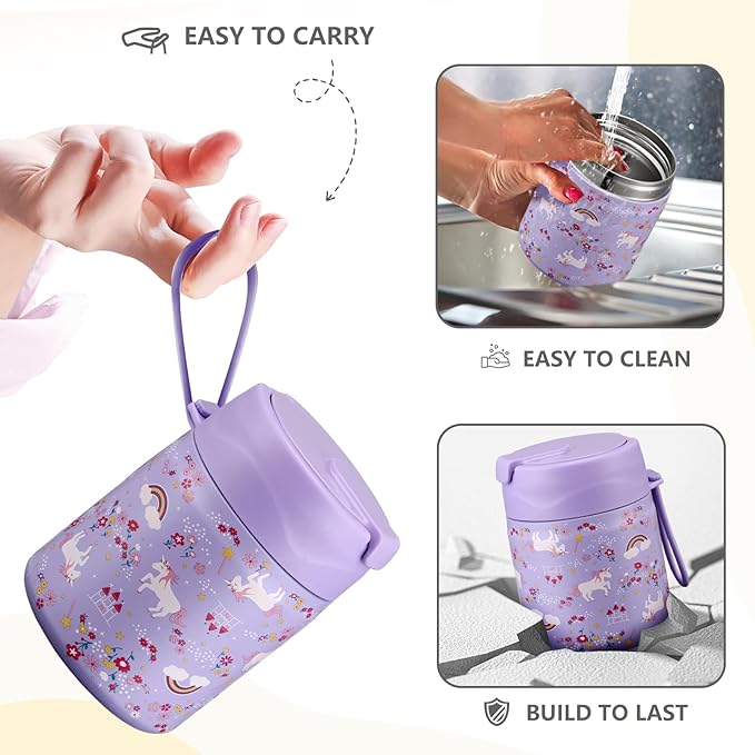 17oz Soup Thermo for Hot Food Kids Insulated Vacuum Food Jar with Stainless Steel Spoon Wide Mouth Thermo Leakproof Lunch Food Container Kids Hot Lunch Box (Purple-Horse)