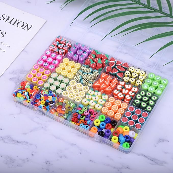 1000PCS Polymer Clay Beads Bracelet Making kit, 24 Style Cute Fun Beads Fruit Beads Charms for Jewelry Necklace Earring Making DIY Accessories for Women Girls