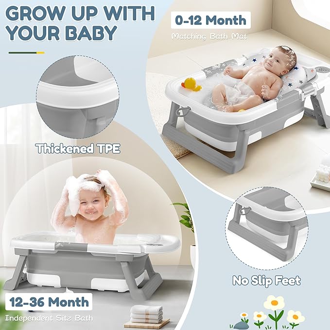 Collapsible Baby Bathtub,Baby Bath Tub with Thermometer & Soft Cushion,Baby Bathtub for Newborn to Toddler 0-36 Months,Portable Travel Baby Tub with No-Slip Feet,Baby Shower Gifts,Grey