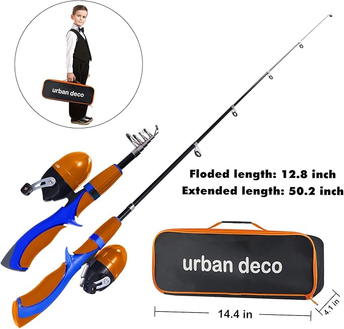Urban Deco Kids Fishing Pole Set Portable Telescopic Kids Fishing Rod and Reel Combo Kit with Tackle Box for Beginners, Boys,Girls,Youth,Children