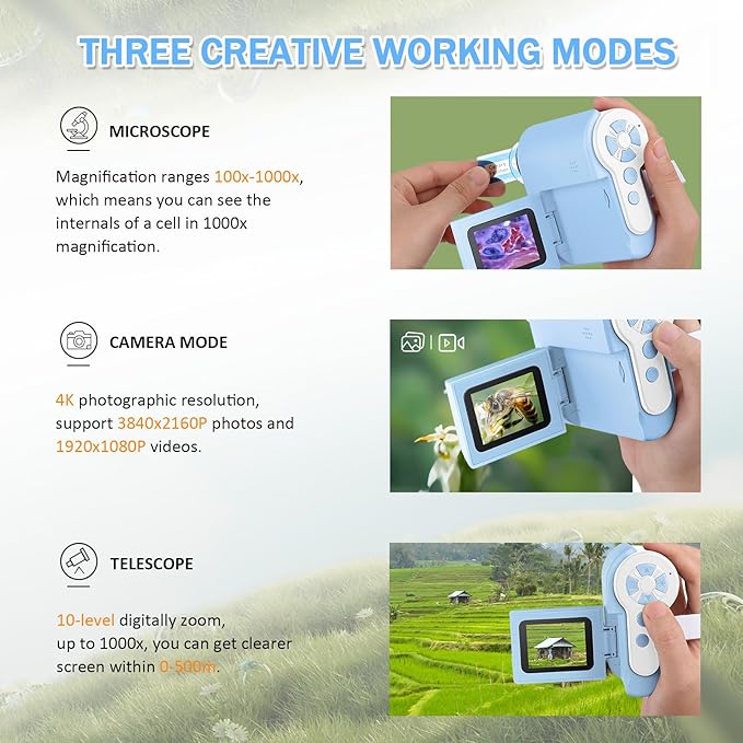 1000X Handheld Microscope for Kids, 4K 2.0" Screen Mini Pocket Microscope with 6 Adjustable LED Lights, Edu Science Birthday Gifts for Kids Ages 8-12, 32G SD Card Included - Blue