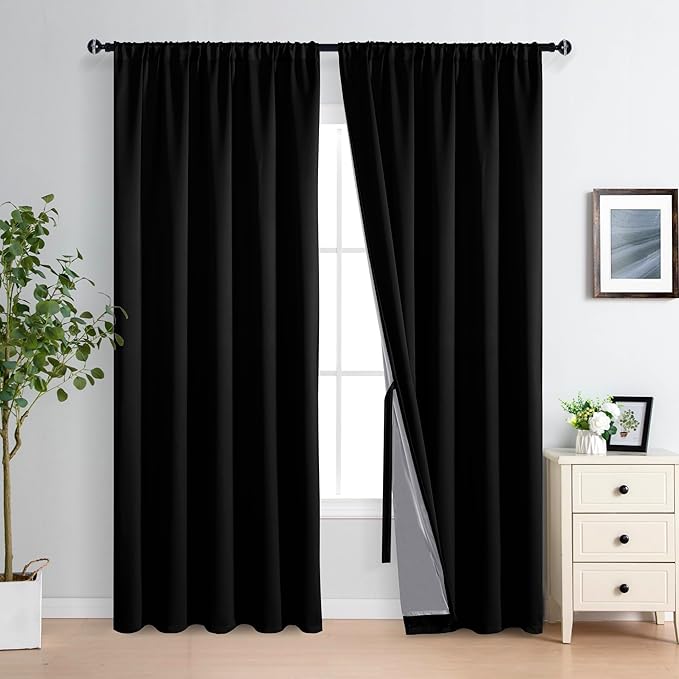 XWZO 100% Blackout Curtain Panels - Rod Pocket Thermal Insulated Black Liner Curtains, Noise Reducing and Heat Blocking Drapes for Hall and Studio Windows with Tiebacks, Black, W70 x L84, Set of 2