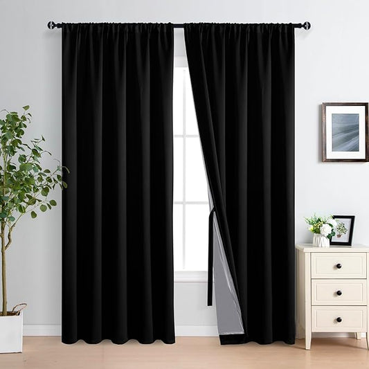XWZO 100% Blackout Curtain Panels - Rod Pocket Thermal Insulated Black Liner Curtains, Noise Reducing and Heat Blocking Drapes for Hall and Studio Windows with Tiebacks, Black, W70 x L84, Set of 2