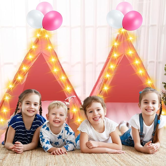 Windyun 4 Pack Kids Teepee Tent for Slumber Party with Mattress and Lights, Sleepover Tents for Girls Boys Indoor Outdoor Cotton Teepee for Kids with Airbed Tray Blanket Birthday Party Supplies(Pink)