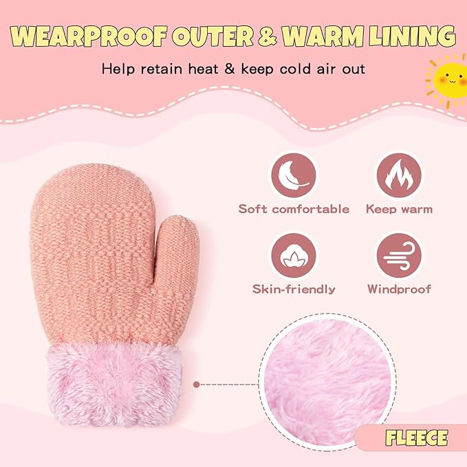 Winter Mittens Gloves Beanie Hat Set for Kids Baby Toddler Children, Thick Warm Knit Fleece Lined Thermal Set for Boys Girls