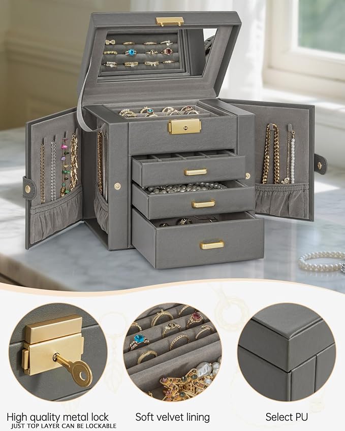 AKOZLIN 4-Tier Jewelry Box Leather Jewelry Storage Organizer with 3 Drawers Lockable for Women Girls Ring Necklace Earring Bracelet Holder with Mirror Dark Grey