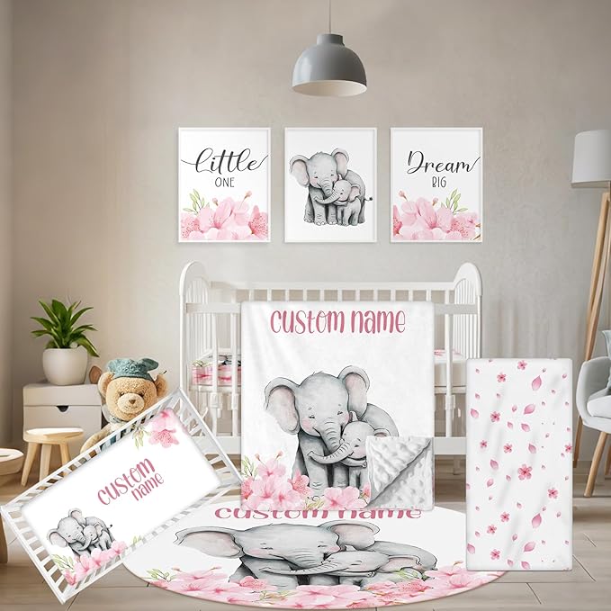 Personalized Crib Bedding Set, 5 Pcs Custom Nursery Bedding Sets with Name, Infant Bedding Set for Baby Girls, Pink Elephant Double Layer Baby Crib Set, Babies Toddlers Kids Customized Gifts
