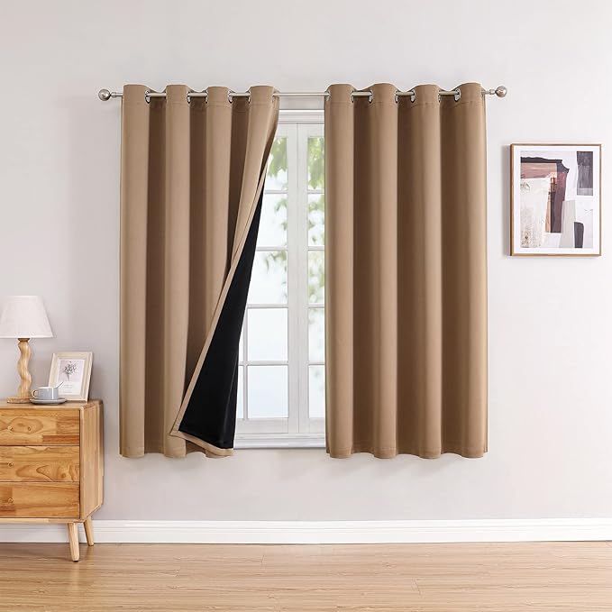 ChrisDowa 100% Blackout Curtains for Bedroom with Black Liner, 2 Thick Layers Total Blackout Thermal Insulated Grommet Window Curtains 2 Panels Set (Cappuccino, 52 x 54 Inch)