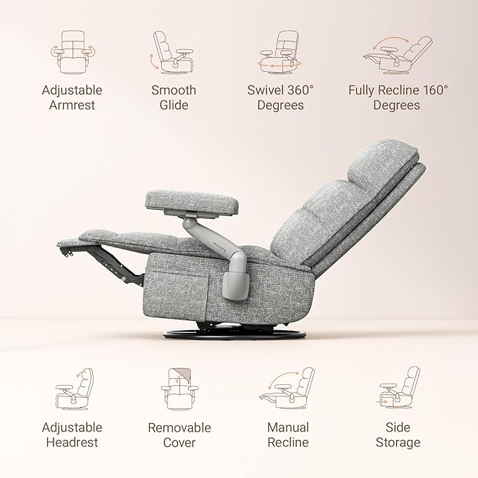 Nursery Swivel Glider Recliner Chair with Adjustable Armrests & Headrest, Rocking Chair Nursery with Removable Cover for Breastfeeding, FSC & Oeko-TEX Certified, Grey