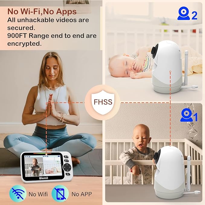 Upgrade Baby Monitor with 30-Hour Battery, 5" Large Split-Screen Video Baby Monitor with 2 Cameras and Audio, Remote Pan/Tilt/Zoom, Two-Way Talk, Room Temperature, Auto Night Vision