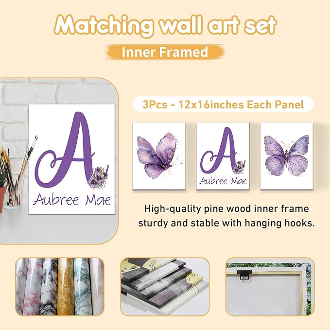 Personalized Baby Bedding Set, 5 Pcs Custom Toddlers Bedding Set with Infant Name, Soft Double Layer Nursery Crib Set for Girls Boys, Customized Infants Gifts for Baby Shower, Purple Butterfly