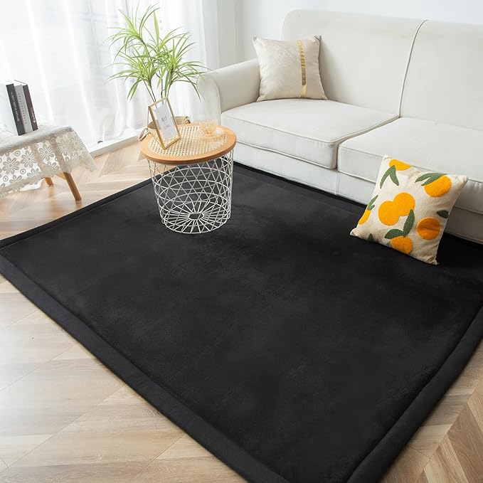 MAXYOYO Black Coral Velvet Area Rug, Thick Japanese Tatami Mat Living Room Carpet with Non-Slip Backing, Large Solid Color Mat for Bedroom Dormitory Yoga, 78 by 78 inch