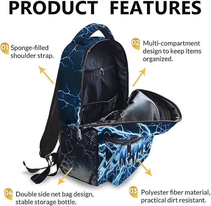 Personalized School Backpack for Kids Boys - 17 Inch Custom Ice Hockey Backpacks with Name for Kids Kindergarten Primary Senior Middle - Cool Durable Lightning Bookbag