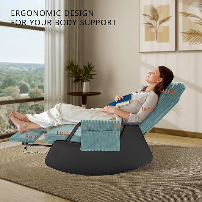 Rocking Chair for Nursery, Modern Upholstered Plush Seating Glider Recliner Chair with High Backrest and Side Pocket, Accent Armchair with Cushions for Living Room/Reading (Cyan Blue)