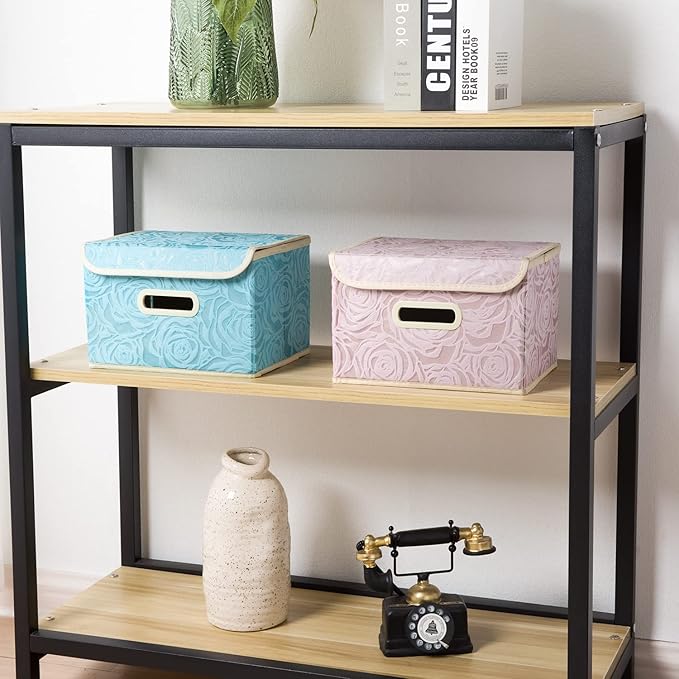 PRANDOM Collapsible Storage Boxes with Lids Fabric Decorative Storage Bins Cubes Organizer Containers Baskets with Cover Handles Divider for Bedroom Closet Living Room 9.8x7.9x6.7 Inch 3 Pack