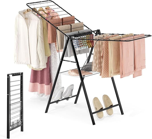 APEXCHASER Clothes Drying Rack Foldable, Metal Laundry Drying Rack with Height Adjustable Rails, Ultra Thin Drying Rack Clothing Towel Sweater Shoe for Indoor Outdoor, Gullwing Clothes Airer, Black