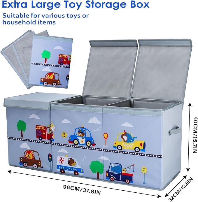 Toy Box Chest for Kids, Collapsible Oxford Toy Storage Box with Handles for Boys, Extra Large Sturdy Waterproof Toy Organiser for Bedroom Playroom, 37.7×12.5×15.7 Inch (Animal Cars)