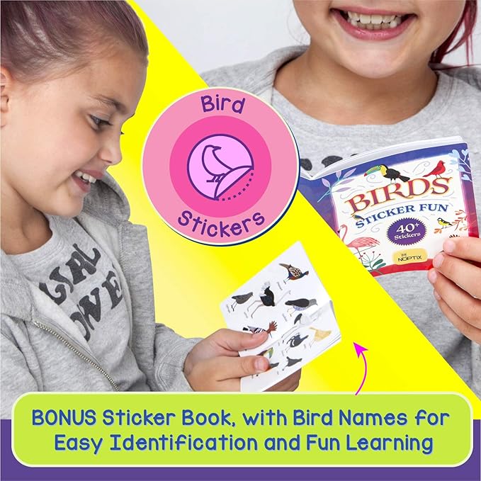 Binoculars for Kids, Girls or Boys Real Kids Binoculars in Vibrant Pink Blue - includes Sticker Book with 40 Bird Species - Kids Toys Small Binoculars, Toddler Binoculars