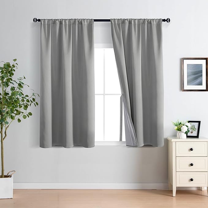 XWZO Full Shading Blackout Curtains 45 Inches Length with Tiebacks- Heat and Light Blocking Rod Pocket Window Drapes with Black Liner Backing for Bedroom/Kid's Room, Light Grey, W42 x L45, Set of 2