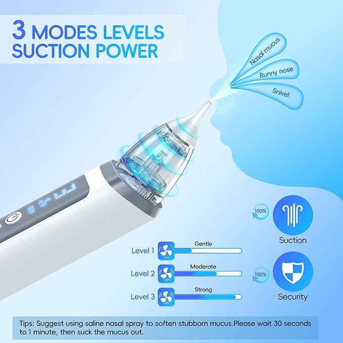 Nasal Aspirator for Baby, Electric Nose Sucker for Baby & Toddler, Congestion Relief with 3 Levels Suction,Soothing Light & Nursery Rhymes