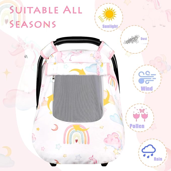 Baby Carseat Cover Girls, Pea Pod Unicorn Infant Car Seat Covers Canopy for Newborn with 2 Layers Windows of Breathable Mesh/Fabric, Lightweight Polyester/Minky Dot Backing, Snug Fit