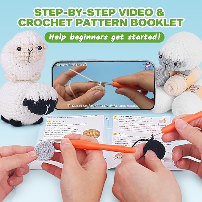 Crochet Kit for Beginners, Crochet Starter Kit with Step-by-Step Video Tutorials, Amigurumi Crochet DIY Knitting Supplies for Adults Kids, 3-Pack Little Lambs (40%+ Yarn)
