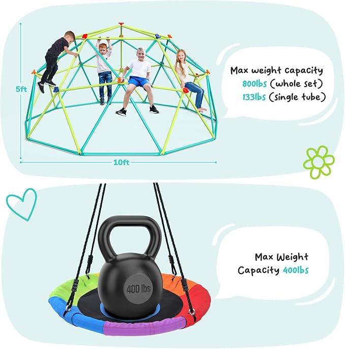 Hapfan 10 ft Climbing Dome Swing Set with Saucer Swing, Jungle Gym for Kids Outdoor Backyard, Supports 800lbs, Easy Asssembly, Rust-Resistant Outdoor Playset for Ages 3-8 8-12