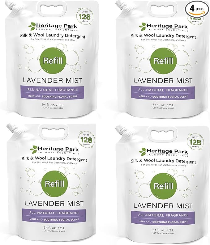 Heritage Park Silk & Wool Fragrance Free, Hypoallergenic, pH-Neutral Laundry Detergent - Dermatologist-tested, Sensitive Skin-Friendly, Enzyme-Free, Ultra Concentrated (64 fl oz Refill, 4-Pack)