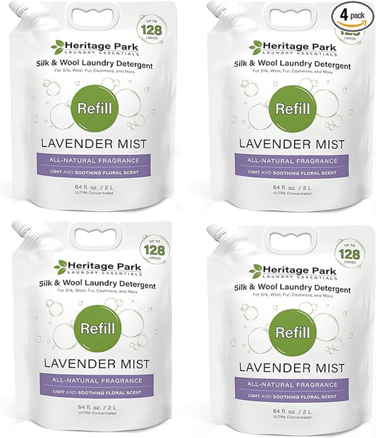 Heritage Park Silk & Wool Fragrance Free, Hypoallergenic, pH-Neutral Laundry Detergent - Dermatologist-tested, Sensitive Skin-Friendly, Enzyme-Free, Ultra Concentrated (64 fl oz Refill, 4-Pack)
