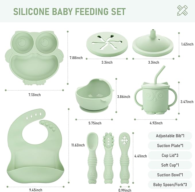 Baby Weaning Set, Silicone Feeding Set(10 Pcs), Toddler Set with Adjustable Bib, Suction Bowl, Plate, Fork, Spoon, Water & Snack Cup Kit, Led Kit for Babies, and Kids Green GJTZ-04