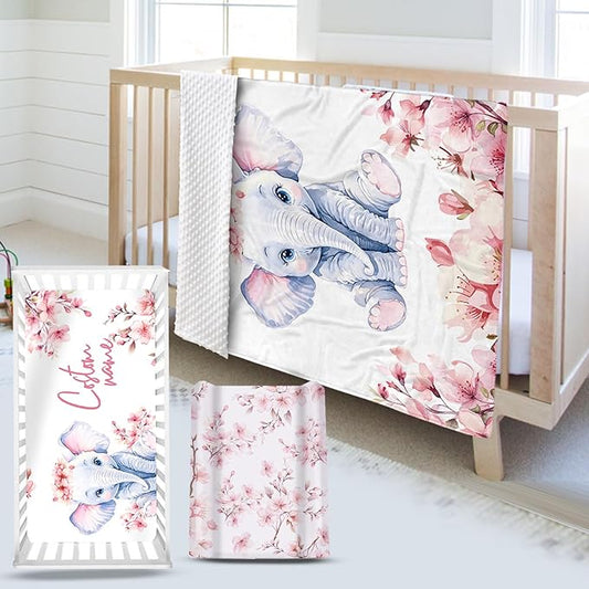 Custom Name Crib Bedding Set - Elephant Theme, Personalized Pink Flower Pattern Nursery Bedding 3-Piece Set– Soft Blanket, Fitted Sheet, Changing Pad Cover – for Newborns Girls Nursery Gifts