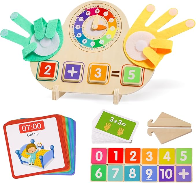 Montessori Learning Toys for Toddlers 3 4 5 years, Finger Counting Number Blocks and Clock Wooden Toys for Kids, Educational Math manipulatives Toys, Preschool Wood Homeschool Educational Math Toy.