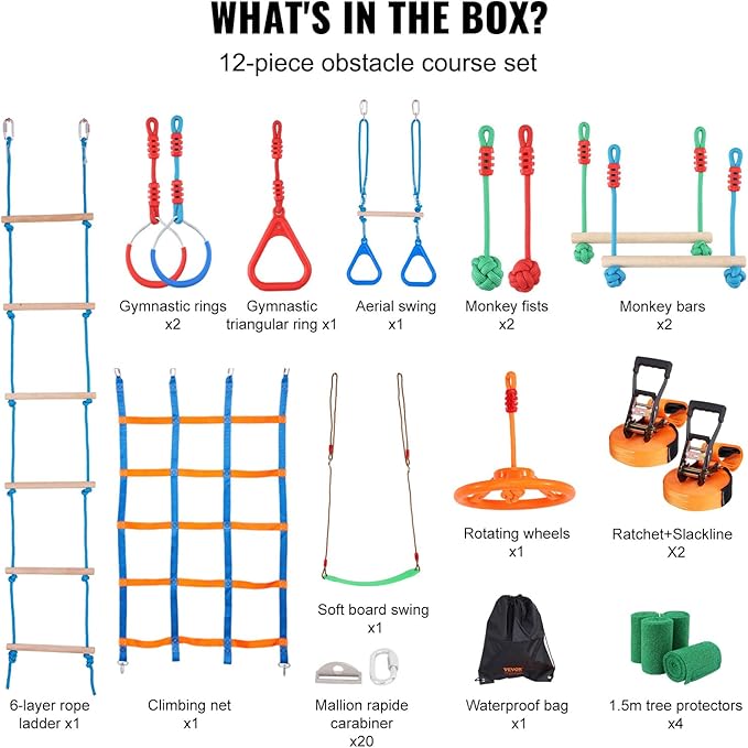 VEVOR Ninja Warrior Obstacle Course for Kids, 2 x 50 ft Weatherproof Slacklines, 500lbs Weight Capacity Monkey Line, Outdoor Playset Equipment, Backyard Toys Training Equipment Set with 12 Obstacles