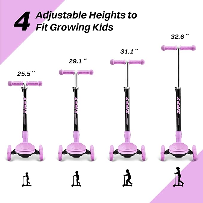 ZIFFY 3-Wheel Light-Up Kids Scooter, Kids Balance Scooter for Boys Girls with 20 Dynamic LED Lights, 4 Adjustable Height, Lean-to-Steer Design with Anti-Slip Wide Surface for Stability - Up to 110LBS