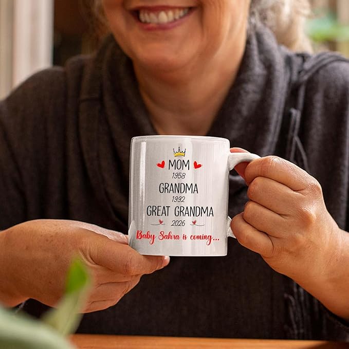 Mom Grandma Promoted To Great Grandma Coffee Mug Cup 11 15 Oz, Personalized New Great-Grandmother Ceramic Coffee Cup EST. 2026, Customized Choose Name White Accent Mug Gift For Pregnancy Announcement