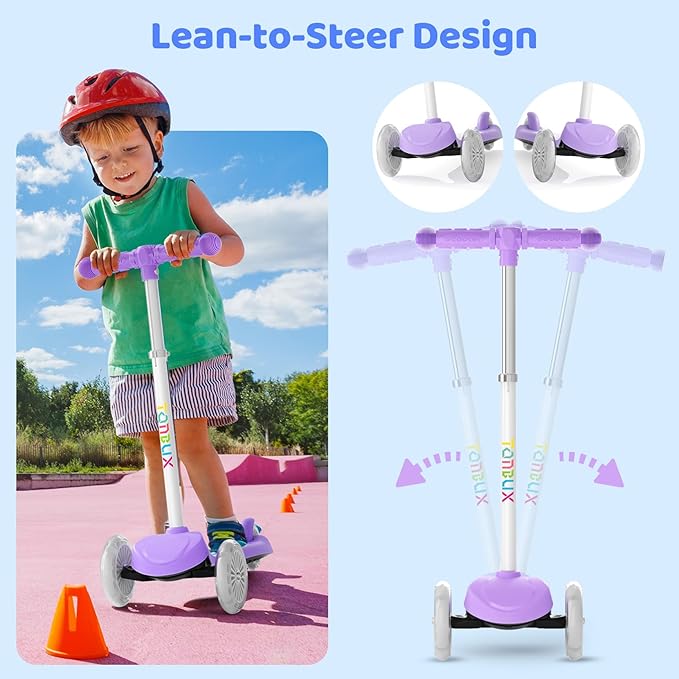 TONBUX Kids Scooter for Ages 3-5, Toddler Scooter with Light-Up Deck and Wheels, Adjustable 4-Level Height 3-Wheel Scooter for Kids, Lean-to-Steer Design