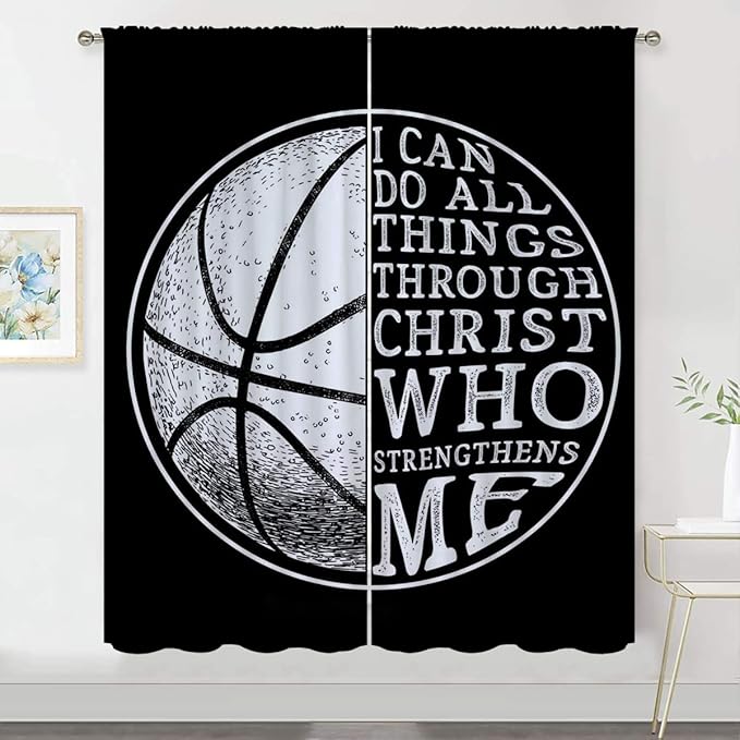 Basketball Blackout Curtains for Boy Girl Room Darkening Decor,Sport Theme and White Motto Dark Background Bedroom Living Room Home Rod Pocket Thermal Insulated Window Curtain/Drapes Panel,72x63 Inch…