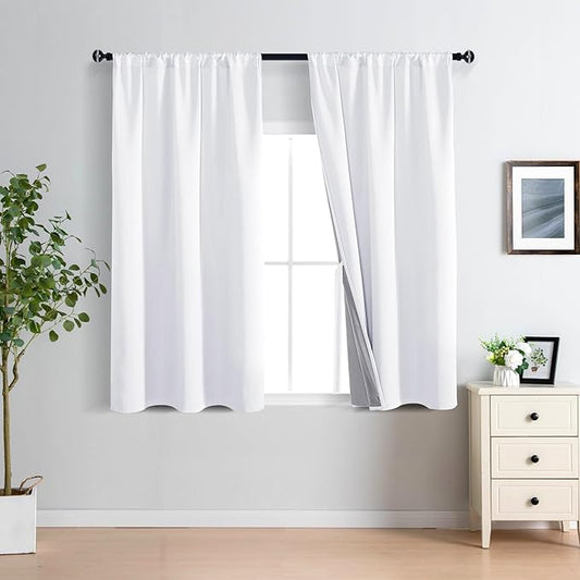 XWZO White 100% Blackout Curtains with Tiebacks- 2 Thick Layers Completely Shaded Window Treatment Thermal Insulated Lined Rod Pocket Drapes for Bedroom/Laundry, White, W38 x L54, Set of 2 Panels