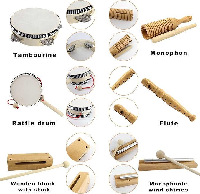 VINJOE Wooden Music Set–Kids Musical Instruments Toys, Natural Wood Percussion Instruments Toy for Kids Preschool Education Baby Musical Toys Instrument Set for Toddlers Best Gifts for Christmas