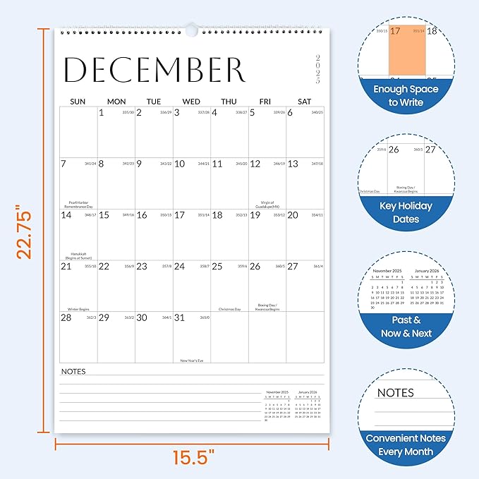 SUNEE Wall Calendar 2025-2026 Large 22.75"x15.5", 21 Month Calendar from October 2025 to June 2027, Vertical Extra Large Monthly Calendar 2026 for Wall, White