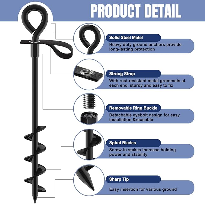 Eurmax USA Trampoline Stakes Screw in Tent Stakes Parts Heavy Duty for Canopies,4-Pack Outdoor Anchor Kit with Straps(Black)