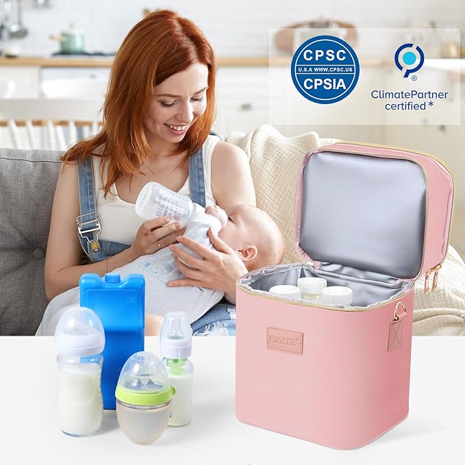 PIIOSER Breastmilk Cooler Bag with Ice Pack Fits 6 Baby Bottles Up to 9 Ounce, Insulated Baby Bottle Tote Bags, Double Layer Waterproof Leak-Proof with Shoulder Strap for Nursing & Working Mom (Pink)