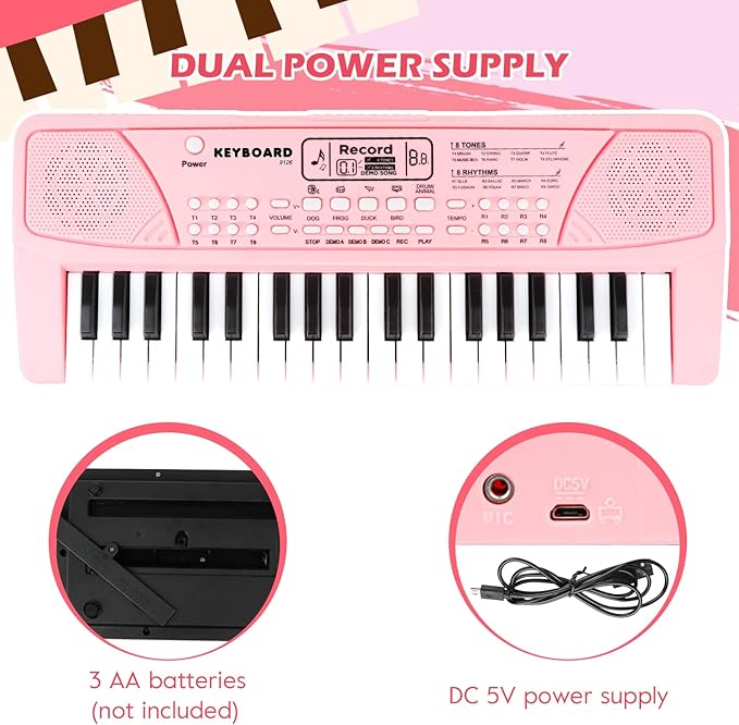 M SANMERSEN Kids Piano Keyboard with Microphone 37 Keys Portable Electronic Keyboards for Beginners Musical Toy for 3/4/5/6 Year Old Girls Boys, Pink