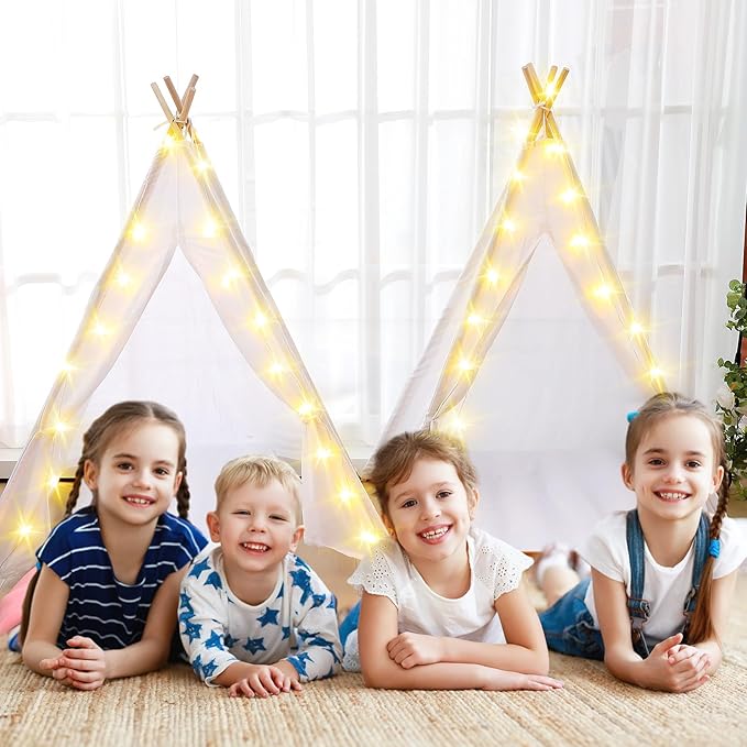 Windyun 4 Pack Kids Teepee Tent for Slumber Party with Mattress and Lights, Sleepover Tents for Girls Boys Indoor Outdoor Cotton Teepee for Kids with Airbed Tray Blanket Birthday Party Supplies(White)