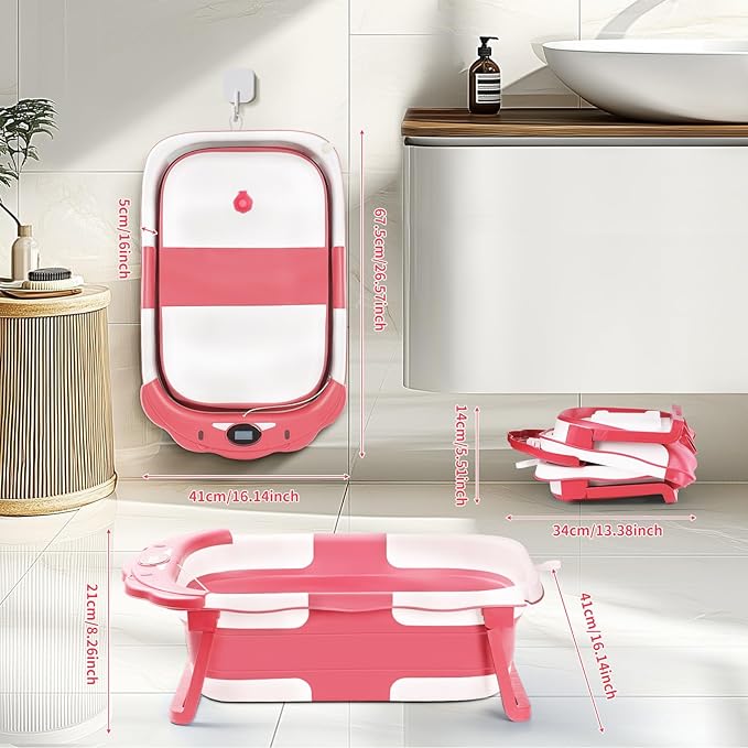 Baby Bathtub,Collapsible Baby Bath Tub with Thermometer & Soft Floating Cushion,Portable Travel Baby Bathtubs for Newborns to Toddlers 0-36 Months(Bear Pink)