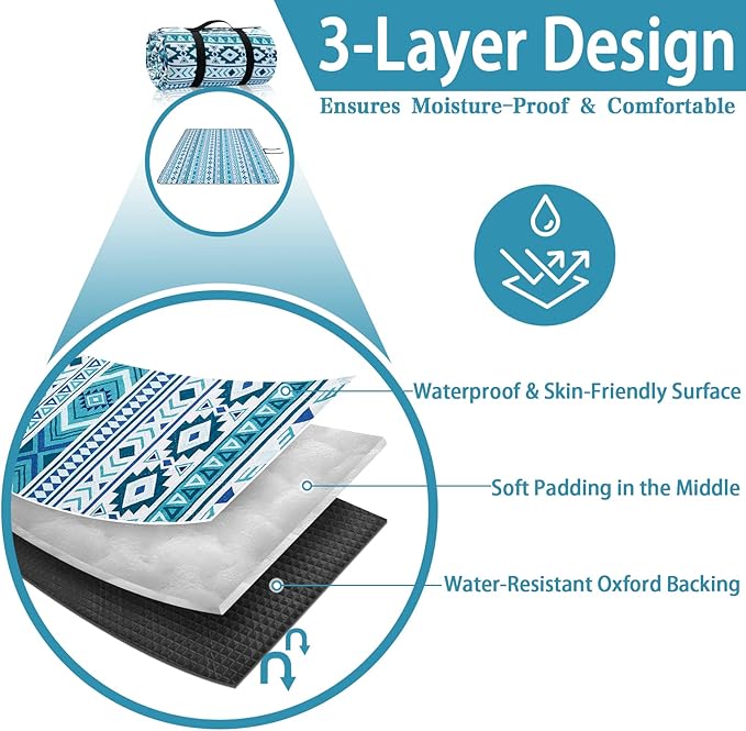 PY SUPER MODE Picnic Blankets Extra Large, Waterproof Foldable Outdoor Beach Blanket Oversized 83x79” Sandproof, 3-Layer Picnic Mat for Camping, Hiking, Travel, Park, Concerts(Teal Boho)