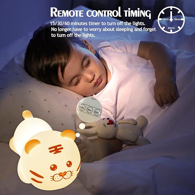 QANYI Christmas Gift Tiger Lamp, Silicone Color Changing Tiger Desk Nightlight, Rechargeable Nursery Table Lamp with Timer and Remote Control, Gift for Toddler Baby Girls Boys Children Bedroom