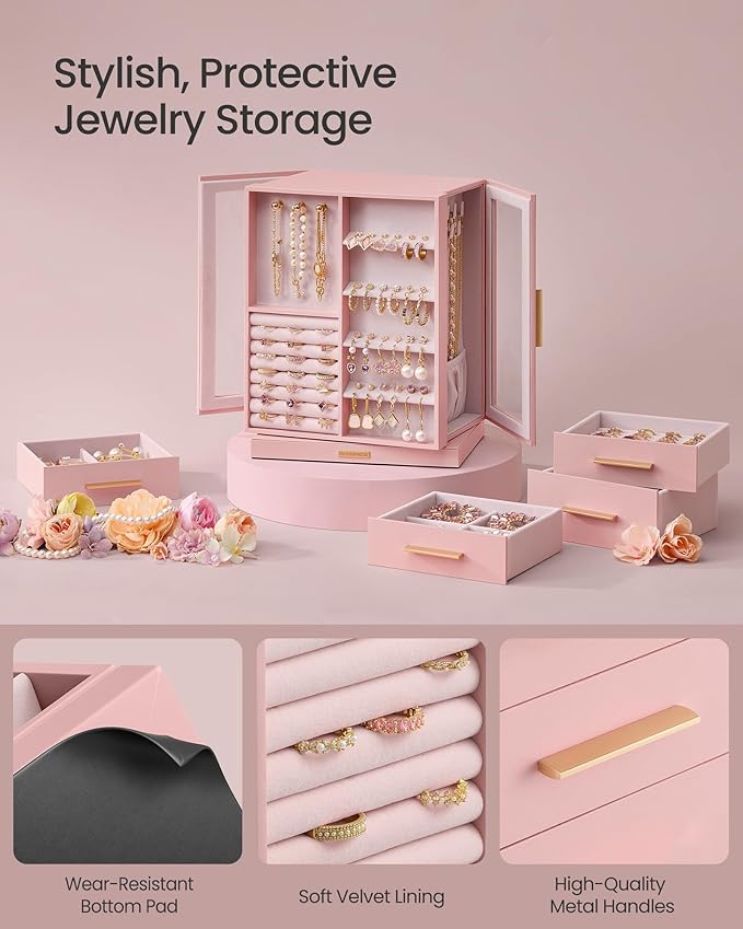 SONGMICS Jewelry Box 360° Rotating, Jewelry Storage Case with 5 Drawers, Jewelry Organizer, Glass Window, Spacious, Vertical Jewelry Storage, Open Design, Great Gift, Jelly Pink UJBC170R01